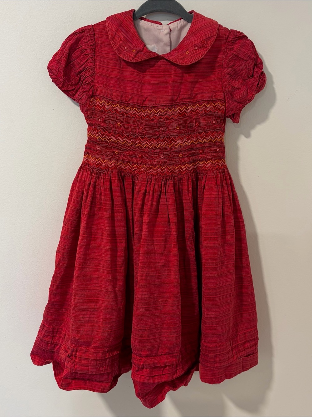 Anavini silk Red Smocked Girls' Dress with Peter Pan Collar 3T